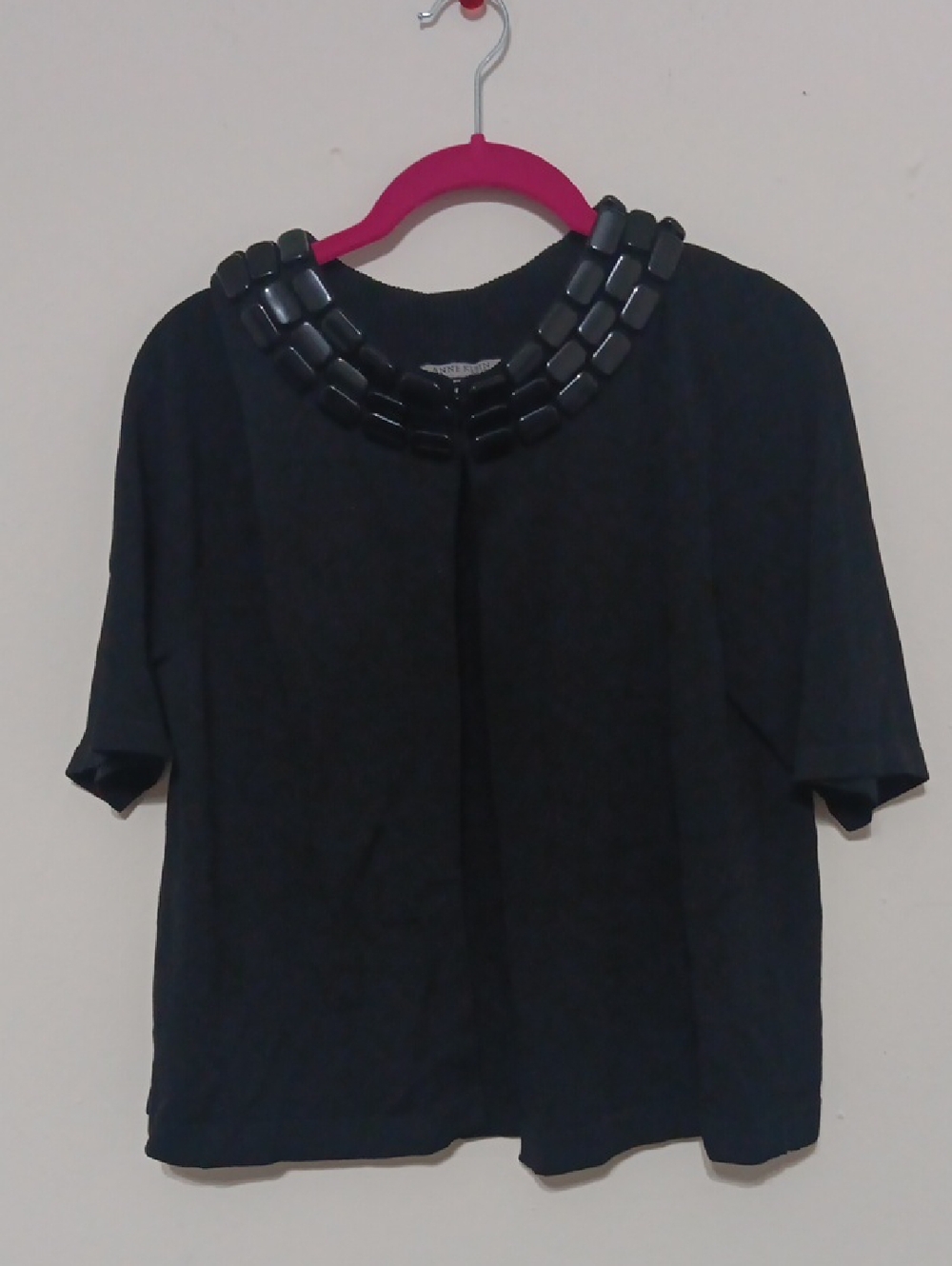 Anne Klein Black Short Sleeve Top with Beaded Collar